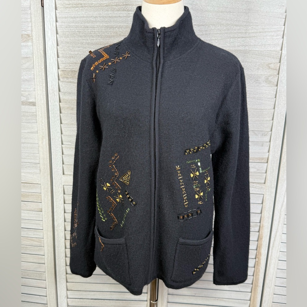 CHICO'S Wool Full Zip Cardigan Black Embellished-Small